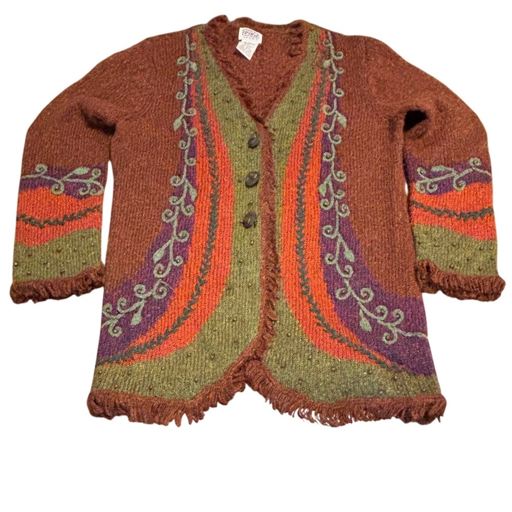 PBJ Sport Womens XL Chunky‎ Knit Cardigan Embroidered Fringe Studded Rust Green